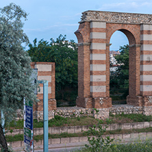 Night photo of Ruins of Roman Aqueduct in city of Plovdiv, Bulgaria