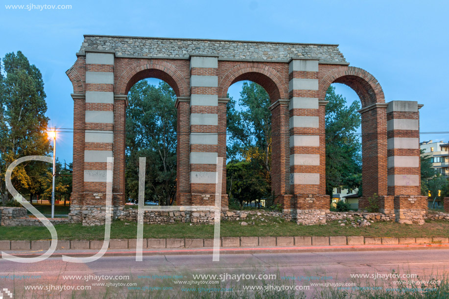 Night photo of Ruins of Roman Aqueduct in city of Plovdiv, Bulgaria