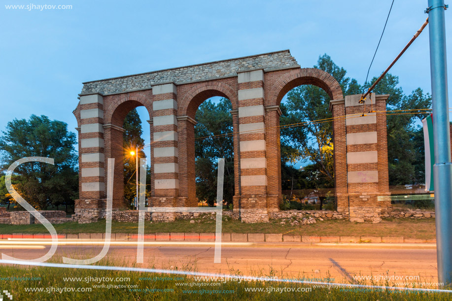 Night photo of Ruins of Roman Aqueduct in city of Plovdiv, Bulgaria