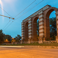 Night photo of Ruins of Roman Aqueduct in city of Plovdiv, Bulgaria