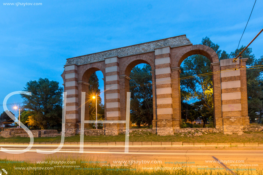 Night photo of Ruins of Roman Aqueduct in city of Plovdiv, Bulgaria