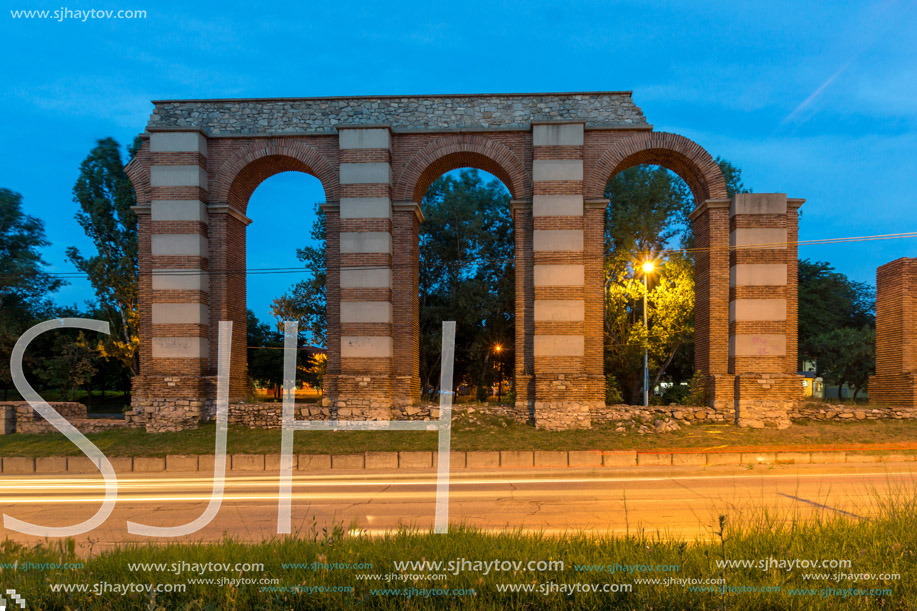 Night photo of Ruins of Roman Aqueduct in city of Plovdiv, Bulgaria