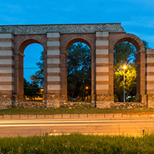 Night photo of Ruins of Roman Aqueduct in city of Plovdiv, Bulgaria