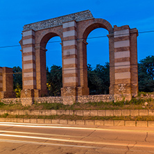Night photo of Ruins of Roman Aqueduct in city of Plovdiv, Bulgaria