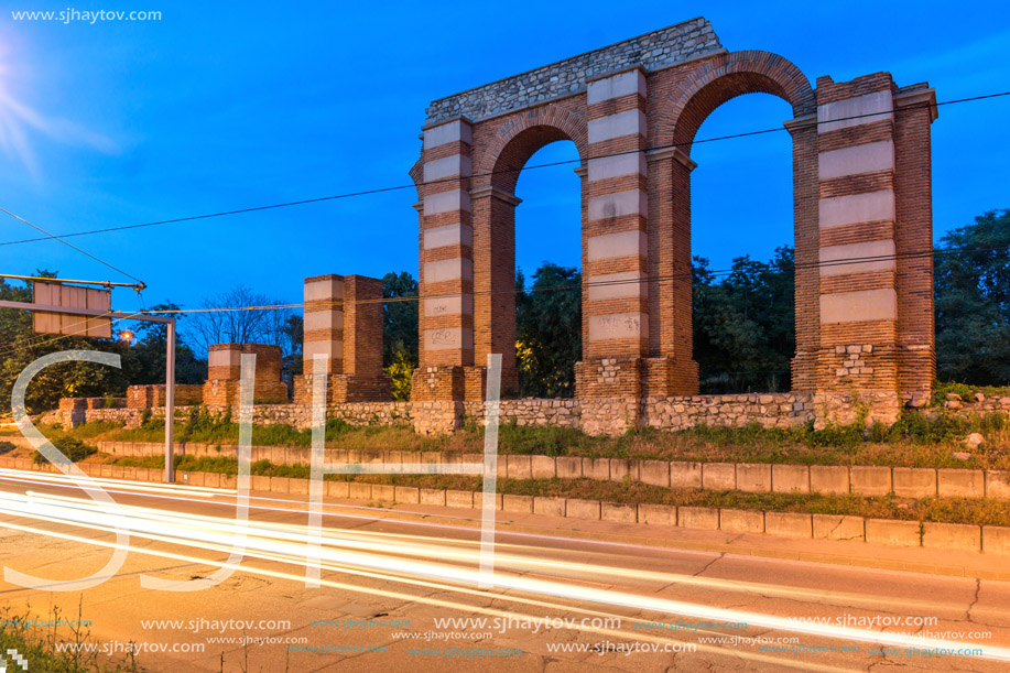 Night photo of Ruins of Roman Aqueduct in city of Plovdiv, Bulgaria