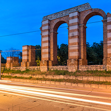 Night photo of Ruins of Roman Aqueduct in city of Plovdiv, Bulgaria