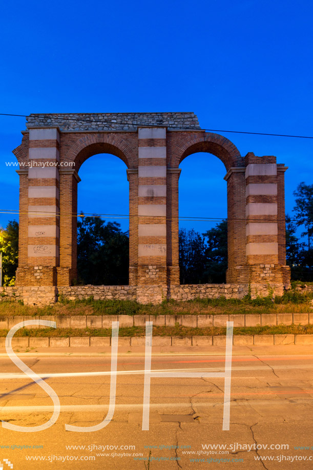 Night photo of Ruins of Roman Aqueduct in city of Plovdiv, Bulgaria