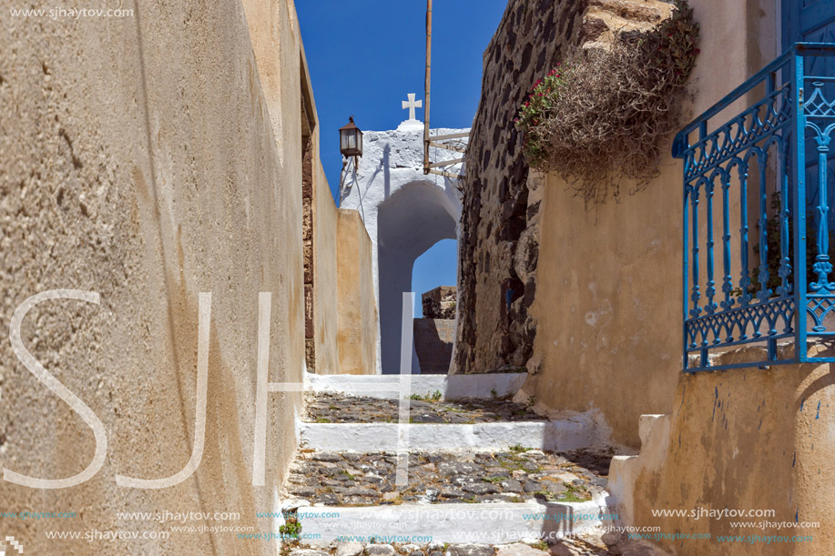 Street In the castle of Pyrgos Kallistis, Santorini island, Thira, Cyclades, Greece