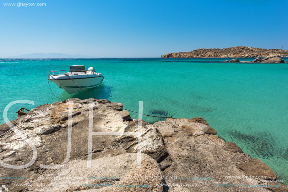 Clear waters of Paranga Beach on the island of Mykonos, Cyclades, Greece