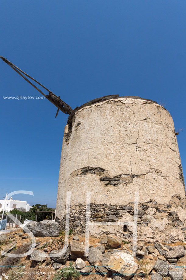 Ruins of old windmils in town of Ano Mera, island of Mykonos, Cyclades, Greece