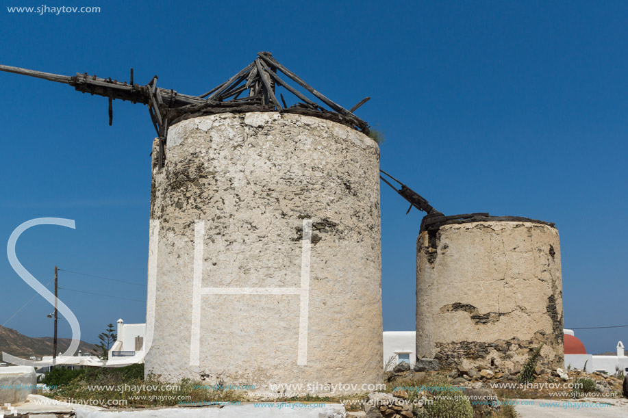 Ruins of old windmils in town of Ano Mera, island of Mykonos, Cyclades, Greece