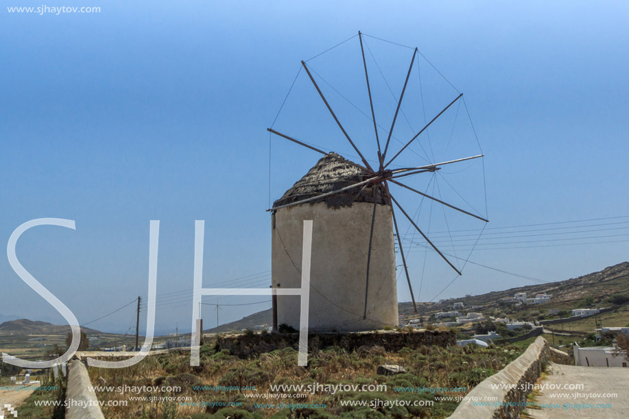 Ruins of old windmils in town of Ano Mera, island of Mykonos, Cyclades, Greece