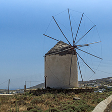 Ruins of old windmils in town of Ano Mera, island of Mykonos, Cyclades, Greece