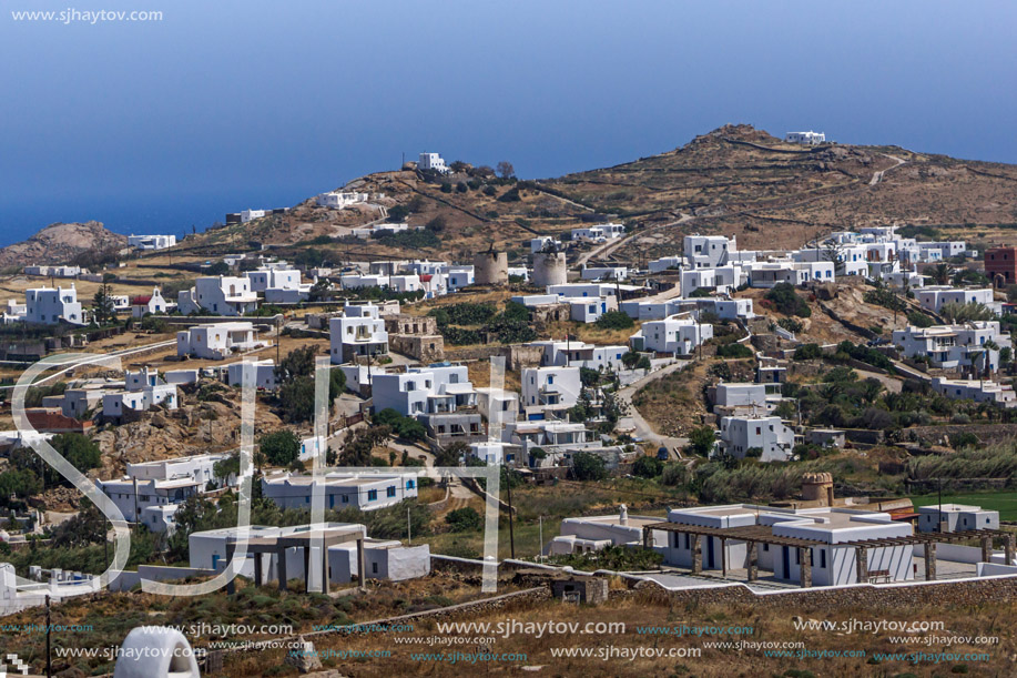 Panorama of Town of Ano Mera, island of Mykonos, Cyclades, Greece