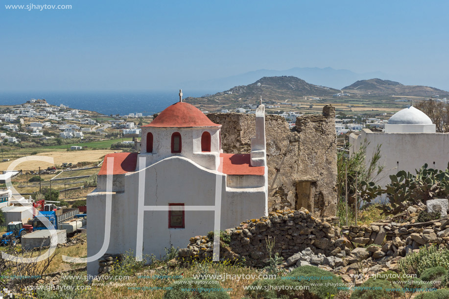 Amazing view of White church with red roof on Mykonos island, Cyclades, Greece