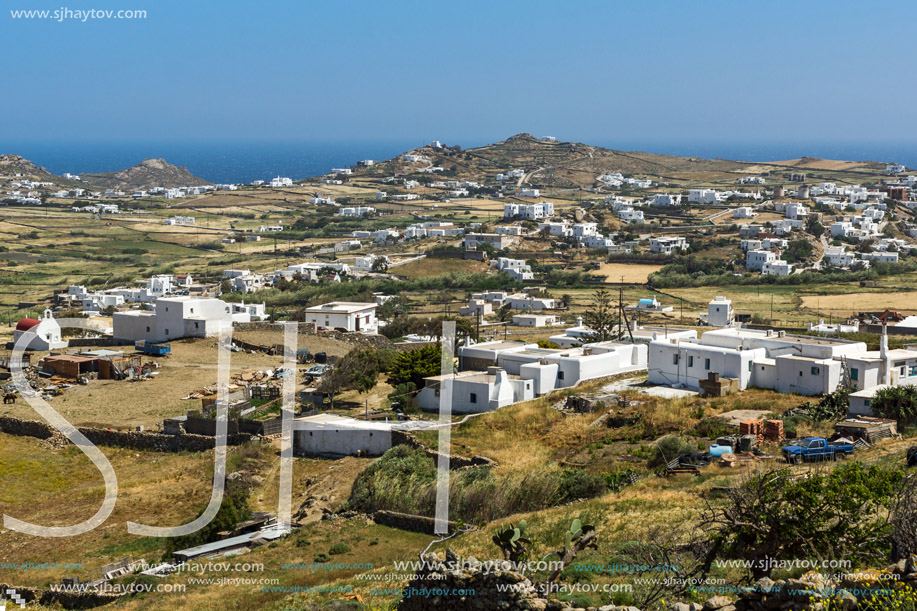 Panorama of Town of Ano Mera, island of Mykonos, Cyclades, Greece