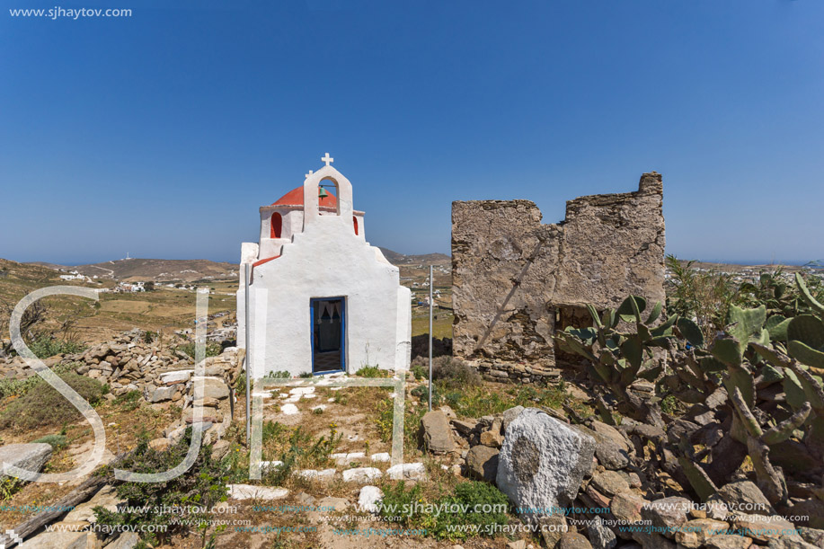 Amazing view of White church with red roof on Mykonos island, Cyclades, Greece