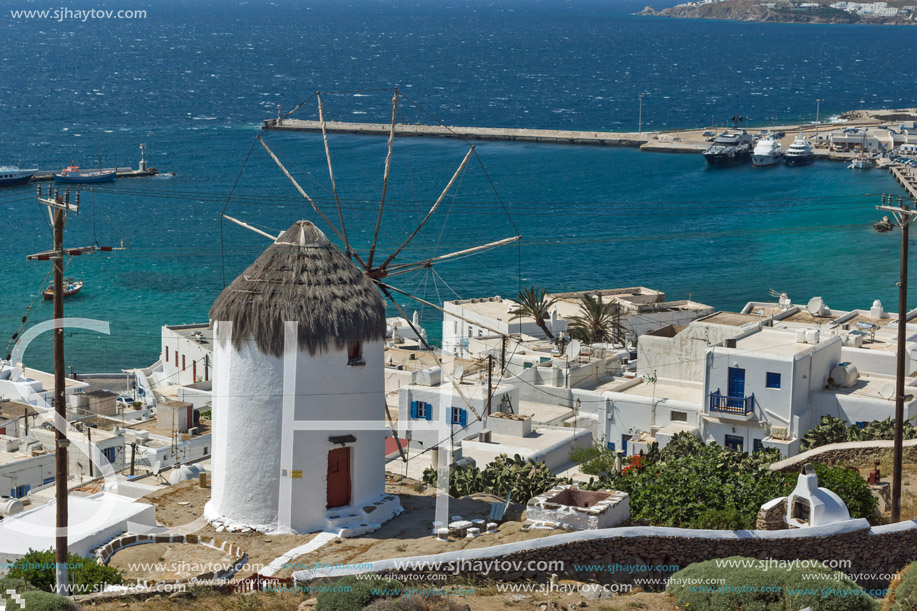 Panoramic view of white windmill and island of Mykonos, Cyclades, Greece