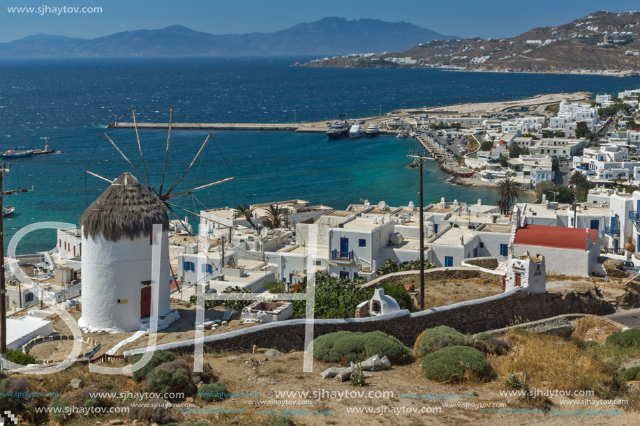 Panoramic view of white windmill and island of Mykonos, Cyclades, Greece