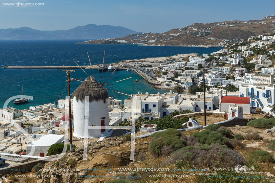 Panoramic view of white windmill and island of Mykonos, Cyclades, Greece