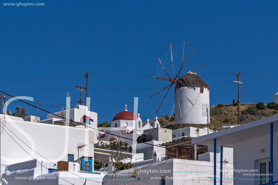 White windmill in town of Mykonos,  Cyclades, Greece