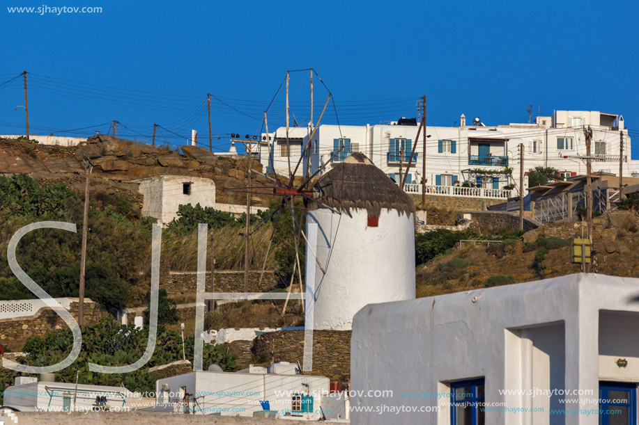 White windmill in town of Mykonos,  Cyclades, Greece