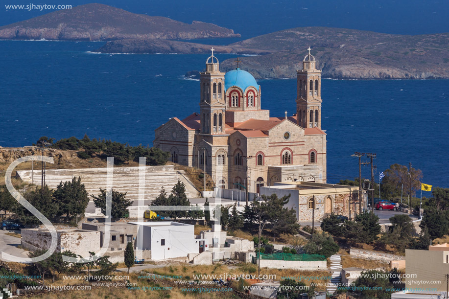 Orthodox Anastaseos church and panoramic view to Ermopoli, Syros, Cyclades Islands, Greece