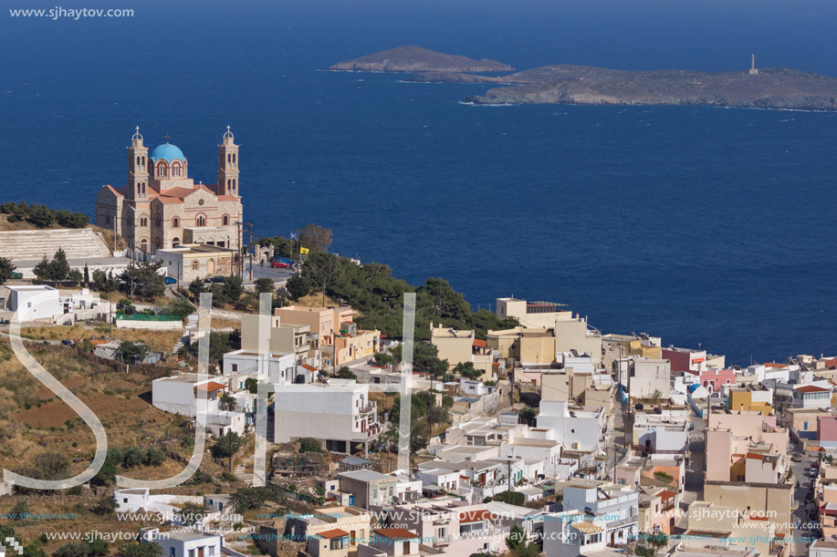 Orthodox Anastaseos church and panoramic view to Ermopoli, Syros, Cyclades Islands, Greece