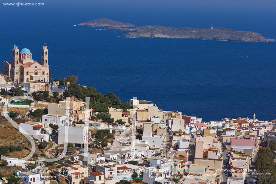 Orthodox Anastaseos church and panoramic view to Ermopoli, Syros, Cyclades Islands, Greece