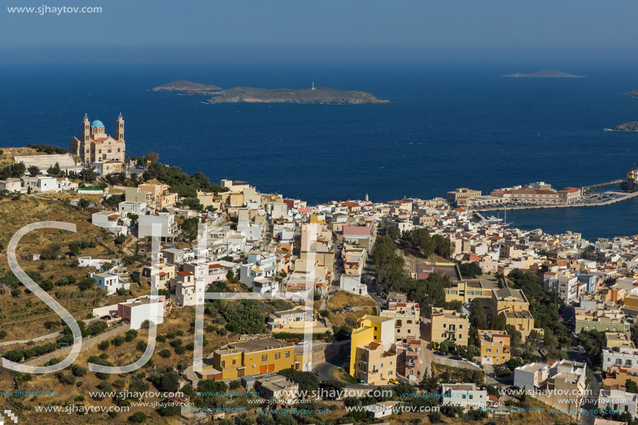 Orthodox Anastaseos church and panoramic view to Ermopoli, Syros, Cyclades Islands, Greece