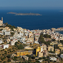 Orthodox Anastaseos church and panoramic view to Ermopoli, Syros, Cyclades Islands, Greece