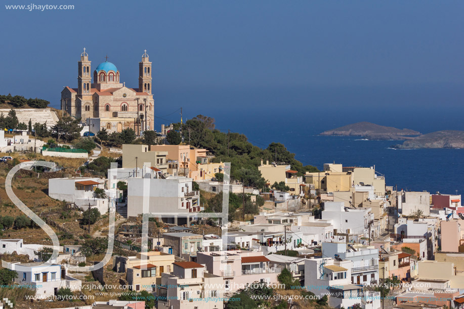 Orthodox Anastaseos church and panoramic view to Ermopoli, Syros, Cyclades Islands, Greece