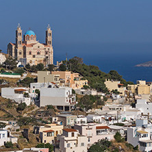 Orthodox Anastaseos church and panoramic view to Ermopoli, Syros, Cyclades Islands, Greece