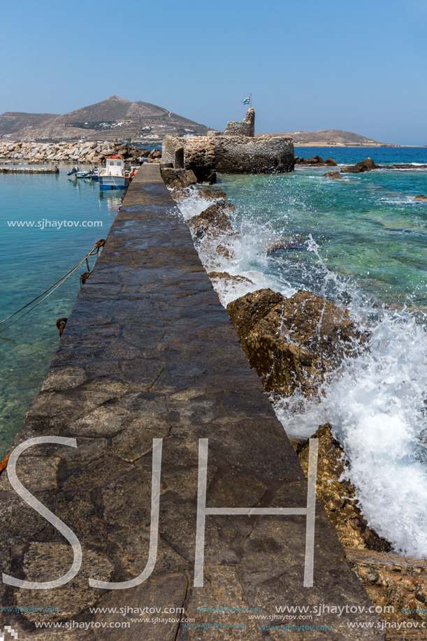 Amazing Panorama of Venetian fortress and port in Naoussa town, Paros island, Cyclades, Greece