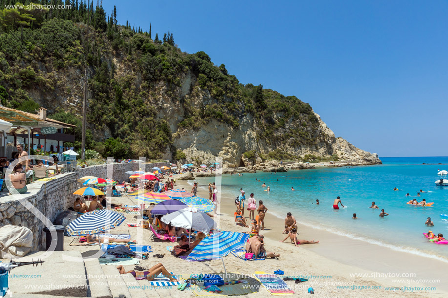 AGIOS NIKITAS, LEFKADA, GREECE JULY 16, 2014: Blue waters of beach of village of Agios Nikitas, Lefkada, Ionian Islands, Greece