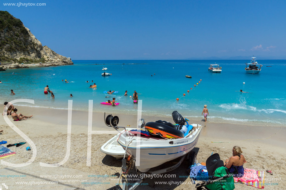 AGIOS NIKITAS, LEFKADA, GREECE JULY 16, 2014: Blue waters of beach of village of Agios Nikitas, Lefkada, Ionian Islands, Greece