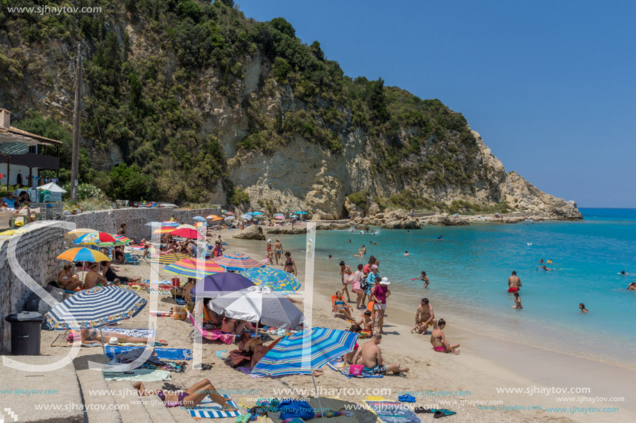 AGIOS NIKITAS, LEFKADA, GREECE JULY 16, 2014: Blue waters of beach of village of Agios Nikitas, Lefkada, Ionian Islands, Greece