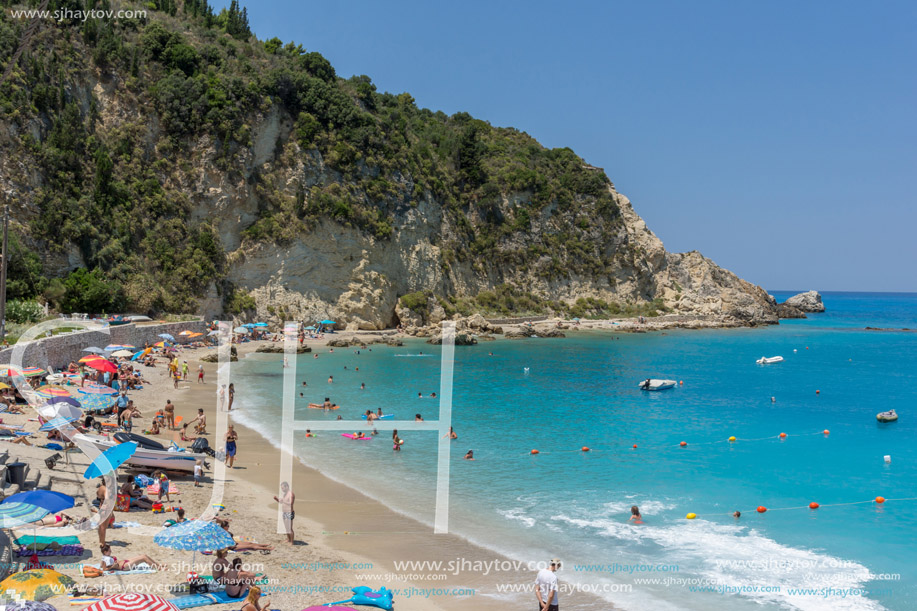 AGIOS NIKITAS, LEFKADA, GREECE JULY 16, 2014: Blue waters of beach of village of Agios Nikitas, Lefkada, Ionian Islands, Greece