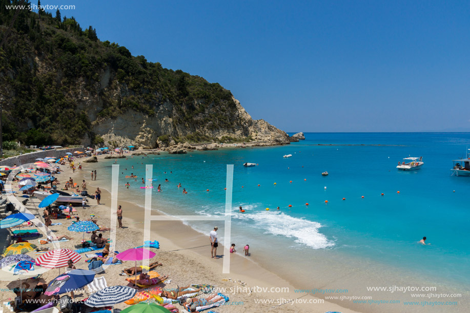 AGIOS NIKITAS, LEFKADA, GREECE JULY 16, 2014: Blue waters of beach of village of Agios Nikitas, Lefkada, Ionian Islands, Greece