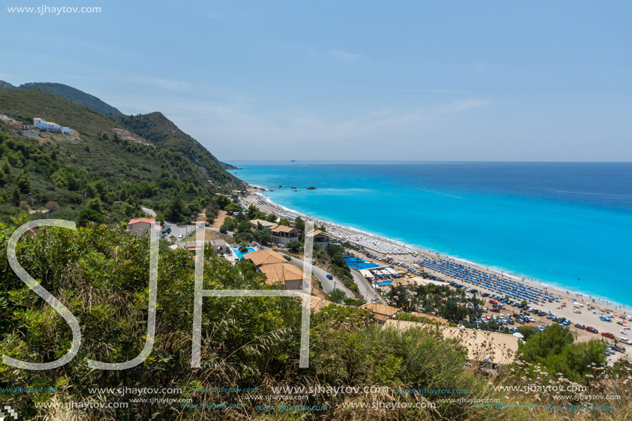 KATHISMA BEACH, LEFKADA, GREECE JULY 16, 2014: Panoramic view of Kathisma beach , Lefkada, Ionian Islands, Greece