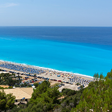 KATHISMA BEACH, LEFKADA, GREECE JULY 16, 2014: Panoramic view of Kathisma beach , Lefkada, Ionian Islands, Greece
