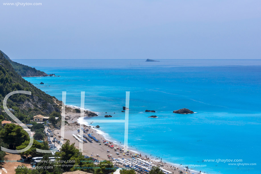 KATHISMA BEACH, LEFKADA, GREECE JULY 16, 2014: Panoramic view of Kathisma beach , Lefkada, Ionian Islands, Greece