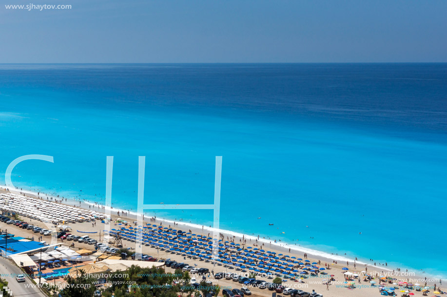 KATHISMA BEACH, LEFKADA, GREECE JULY 16, 2014: Panoramic view of Kathisma beach , Lefkada, Ionian Islands, Greece