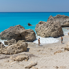 MEGALI PETRA BEACH, LEFKADA, GREECE JULY 16, 2014: Panoramic view of blue waters of Megali Petra Beach, Lefkada, Ionian Islands, Greece