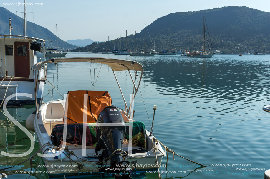 MEGALI PETRA BEACH, LEFKADA, GREECE JULY 16, 2014: Panoramic view of blue waters of Megali Petra Beach, Lefkada, Ionian Islands, Greece