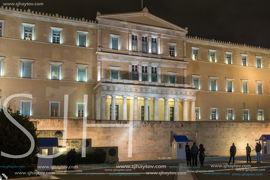 ATHENS, GREECE - JANUARY 20 2017:  Night photo of The Greek parliament in Athens, Attica, Greece