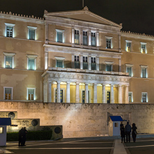 ATHENS, GREECE - JANUARY 20 2017:  Night photo of The Greek parliament in Athens, Attica, Greece