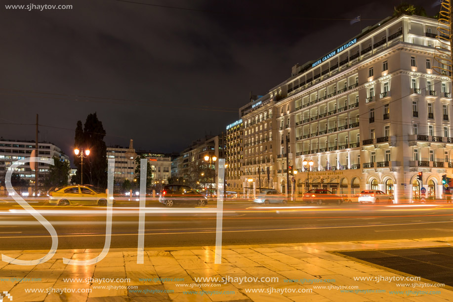 ATHENS, GREECE - JANUARY 19 2017:  Night photo of Syntagma Square in Athens, Attica, Greece