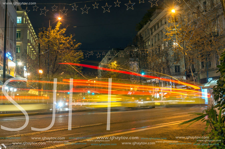 ATHENS, GREECE - JANUARY 20, 2017: Night photo of Street in Athens, Attica, Greece
