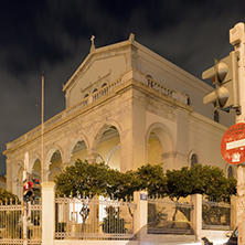 ATHENS, GREECE - JANUARY 20, 2017: Night photo of Agios Dionysios Areopagitis Catholic Cathedral  in Athens, Attica, Greece